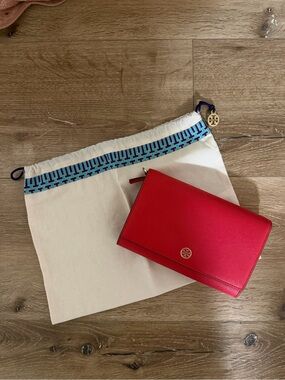 Tory Burch Bright Red Saffiano Leather Crossbody Wallet with Gold Logo
